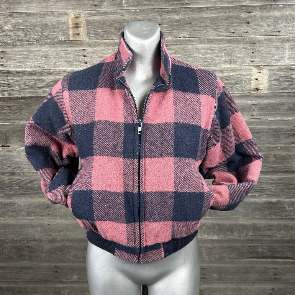 Woolrich Pink Blue Plaid Zip Bomber Jacket USA Made Women’s Large (Small Fit) - Picture 4 of 6